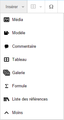 Capture d'écran du menu Insérer de l'éditeur visuel.