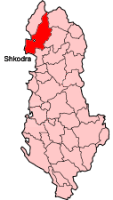 Mapa koja pokazuje distrikt Skadar u okviru Albanije