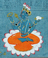 Vishnou assis en Padmasana (Position du Lotus) sur une fleur de lotus. Miniature pahari réalisée par Manaku de Guler, extraite d'un manuscrit daté de 1730.