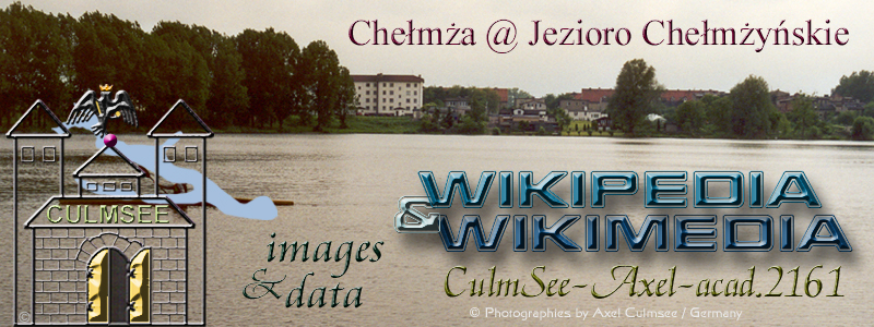 Chełmża: view from lakeshore at suburb onto lake named Jezioro Chełmżyńskie, including heraldic figure of town Culmsee (self-made drawing/montage)