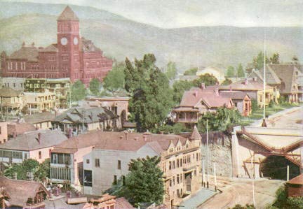 Broadway Tunnel at Fort Moore Hill, built 1901, southern entrance at (lower right), with Los Angeles High School which stood on Fort Moore Hill 1891–1917 (upper left)