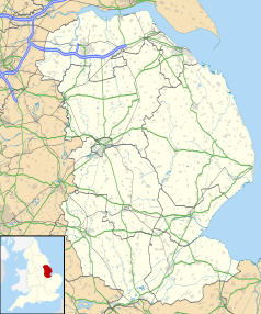 Mapa konturowa Lincolnshire, u góry nieco na lewo znajduje się punkt z opisem „Scunthorpe”