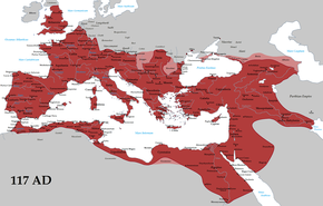 117년의 로마 제국 지도. 라틴어 사용지역은 서부 발칸반도를 기점으로 그리스어와 나뉜다.
