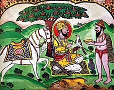 Fresco depicting Bhai Khanaiya meeting Guru Gobind Singh from Sri Khat Wari Darbar, Shikarpur, Sindh.jpg