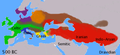 Galveno indoeiropiešu valodu grupu izplatība 2. tūkstošgades vidū p.m.ē. Baltu valodu areāls gaiši brūnā krāsā