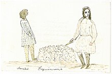 A sketch of two people in European clothing standing near a large burial cairn of stones.