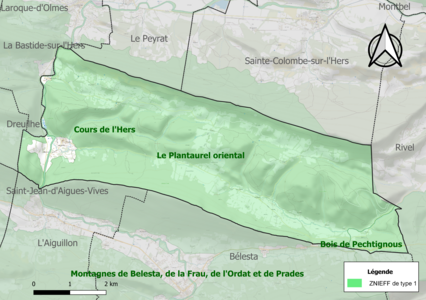 Carte des ZNIEFF de type 1 sur la commune.