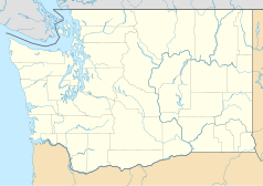 Mapa konturowa Waszyngtonu, blisko centrum na lewo znajduje się punkt z opisem „Climate Pledge Arena”