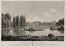 Gravure du château de Guiscard et son parc au début du XIXe siècle (tirée de l'ouvrage d'Alexandre de Laborde, Description des nouveaux jardins de la France, Paris, 1808)..