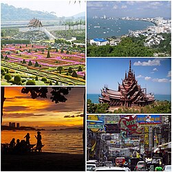 Từ bên trái qua: Nong Nooch, hoàng hôn Pattaya, Bãi biển Pattaya, Điện thờ chân lý, Phố đi bộ