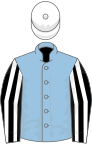 Light blue, black and white striped sleeves, white cap