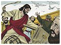 Yesus mengusir semua orang yang berjual beli, serta membalikkan meja-meja penukar uang dan bangku-bangku pedagang merpati.