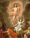 Lukisan Kebangkitan Kristus oleh Noel Coypel (1700). Teorikus mitos Yesus memandangnya sebagai salah satu dari kisah dewa-dewa yang wafat dan bangkit.