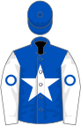 Royal blue, white star, white sleeves, royal blue circle, royal blue cap