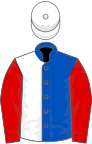 Royal blue and white (halved), red sleeves, white cap