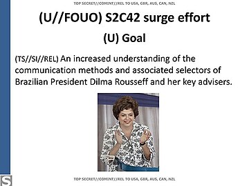 Vakoiluyritys Dilma Rousseffia ja hänen neuvonantajia kohtaan.