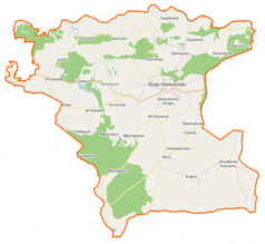 Mapa konturowa gminy Książ Wielkopolski, blisko centrum po prawej na dole znajduje się punkt z opisem „Sebastianowo”