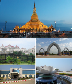 Searah jarum jam dari atas: Pagoda Uppatasanti, Taman Air Mancur, Zona Kementerian, Museum Permata, Majelis Persatuan