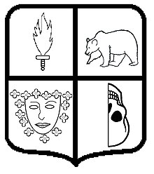 armoiries de Jean Séverac sur laquelle figure quatre dessins : une épée en flamme, un ours, un visage de femme et une moitié de crâne à l'envers