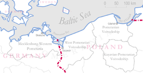 La Poméranie par rapport aux frontières actuelles de la Pologne et de l'Allemagne.