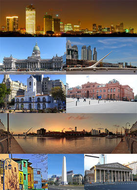 Em sentido horário, do topo: Panorama da cidade ao anoitecer; o Congresso Nacional; a Ponte da Mulher; o Cabildo; a Casa Rosada; panorama de Puerto Madero; o Caminito; o Obelisco; e a Catedral Metropolitana.