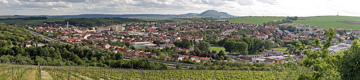 Hustopeče – panorama od severovýchodu, pohled ze Starého vrchu. Na levém okraji města prochází dálnice D2. V pozadí jsou vidět Pavlovské vrchy s masivem Děvína.