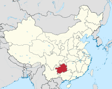 Kort sem sýnir legu héraðsins Guizhou í suðvestur-Kína.