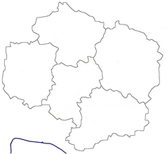 Mapa konturowa kraju Wysoczyna, po prawej znajduje się punkt z opisem „Křižanov”