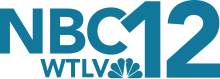 Next to the NBC network logo, a six-feathered, multi-colored peacock, a gray "12", with the 1 higher than the 2. The letters WTLV in a sans serif, also in gray, sit below the 12.