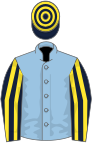 Light blue, dark blue and yellow striped sleeves, dark blue and yellow hooped cap