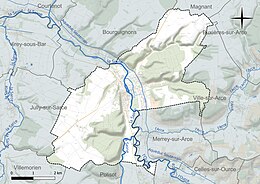 Carte en couleur présentant le réseau hydrographique de la commune