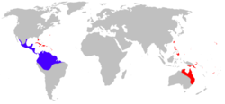 Udbredelsen af agatudse. Naturligt udbredelseområde er blåt, områder den er indført til er røde.