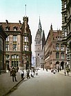 Marktkirche mit Altem Rathaus etwa 1895–1905 als Photochromdruck