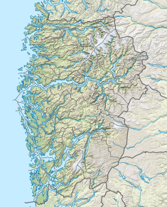 Mapa konturowa Vestlandu, po lewej nieco na dole znajduje się punkt z opisem „Bergen”