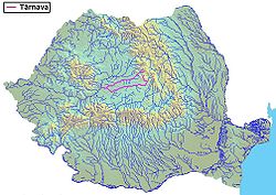 Mapa řeky Târnavy a jejích zdrojnic (vyznačeno růžově)