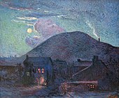 Paysage nocturne, la lune luit faiblement. Derrière le terril, une cheminée fume. En premier plan, bâtiments sombres aux fenêtres violemment éclairées.