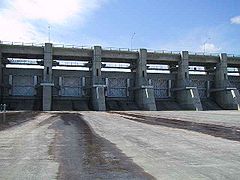 Spillway gates control the level of Lake Diefenbaker, Saskatchewan, Canada