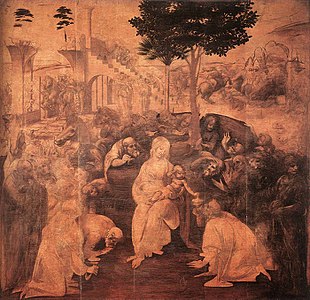 Leonardo da Vinci Adorado de la Magiistoj, 243 x 246 cm.