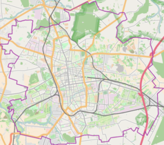 Mapa konturowa Łodzi, po lewej znajduje się punkt z opisem „Lunapark Łódź”