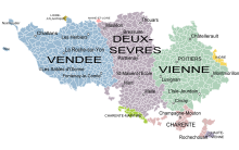 La province du Poitou au XVIIIe siècle et les communes actuelles. La partie orientale du Bas-Poitou a été intégrée aux Deux-Sèvres