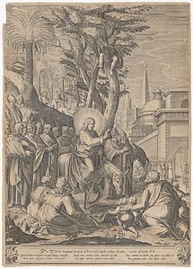 Gesù in cammino verso Gerusalemme, incisione di Étienne Duchetti su disegno di Bernardino Passari, c. 1560-1590.