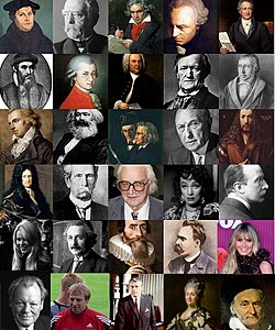 1. řada: Martin Luther • Otto von Bismarck • Ludwig van Beethoven • Immanuel Kant • Johann Wolfgang von Goethe 2. řada: Johannes Gutenberg • Wolfgang Amadeus Mozart • Johann Sebastian Bach • Richard Wagner • Georg Wilhelm Friedrich Hegel 3. řada: Friedrich Schiller • Karl Marx • Bratři Grimmové • Konrad Adenauer • Albrecht Dürer 4. řada: Gottfried Wilhelm Leibniz • Karl Benz • Konrád Zuse • Marlene Dietrich • Max Planck 5. řada: Claudia Schiffer • Albert Einstein • Johannes Kepler • Friedrich Nietzsche • Heidi Klumová 6. řada: Willy Brandt • Jürgen Klinsmann • Wernher von Braun • Kateřina II. Veliká • Carl Friedrich Gauss