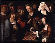 The game of chess label QS:Lde,"Die Schachpartie" label QS:Len,"The game of chess" label QS:Lpl,"Gra w szachy" label QS:Lnl,"De schaakspelers" circa 1508 date QS:P,+1508-00-00T00:00:00Z/9,P1480,Q5727902 . oil on panelmedium QS:P186,Q296955;P186,Q106857709,P518,Q861259. 27 × 35 cm (10.6 × 13.7 in). Berlin, Gemäldegalerie.