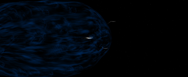 Chế độ xem mô phỏng của các tàu thăm dò Voyager so với Hệ Mặt Trời và nhật thực vào ngày 2 tháng 8 năm 2018.