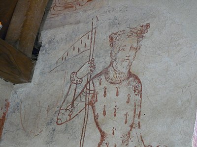 Charles de Blois, baron de Mayenne, portant l'étendard breton, détail d'une peinture murale de la chapelle Saint-Léonard à Mayenne.