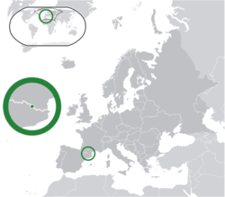Vị trí của Andorra (tâm vòng tròn xanh) ở châu Âu (xám đậm)  –  [Chú giải]