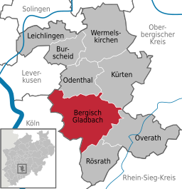 Situo de urbo Bergisch Gladbach enkadre de la federacia lando Nordrejn-Vestfalio kaj distrikto Rhein-Berg