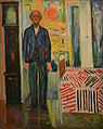 «Selvportrett mellom klokken og sengen», 1940–1943, olje på lerret, Munchmuseet