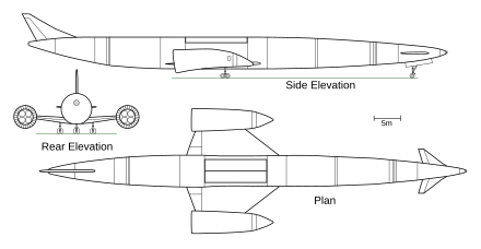 A 3-view drawing of Skylon