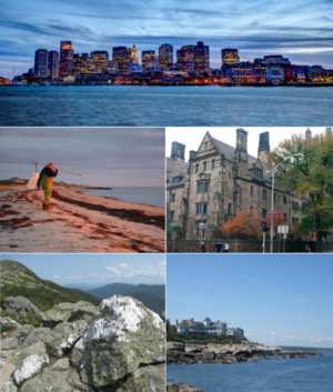 Clockwise frae top: skyline o Boston's financial destrict at nicht; a biggin o Yale Varsity in New Haven, Connecticut; a view frae Nubble Licht on Cape Neddick in Maine; view frae Moont Mansfield in Vermont; an a fisherman on Cape Cod in Massachusetts